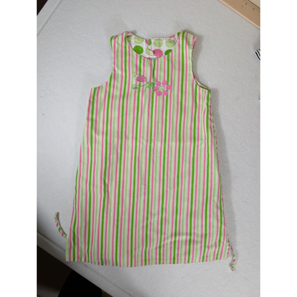 Reversible Pink Green Striped Floral Embroidered Sleeveless Cotton Dress Sz 6X